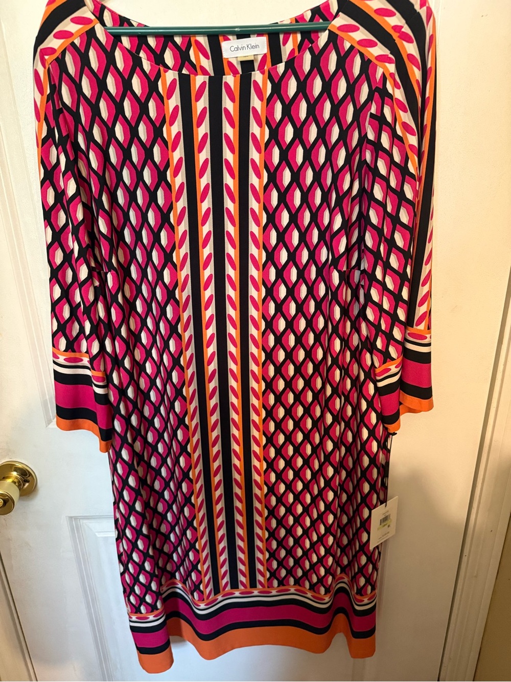 Calvin Klein Pink, Orange & Black Geometric Long Sleeve Shift Dress